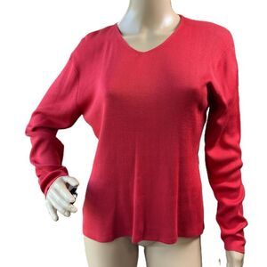 Joseph A Red V-neck Long Sleeve Soft Pullover 100% Silk Academia Sweater Large